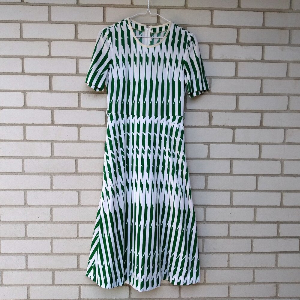 Vintage Dress Green White Vertical Geometric Stripes Retro 60s 70s